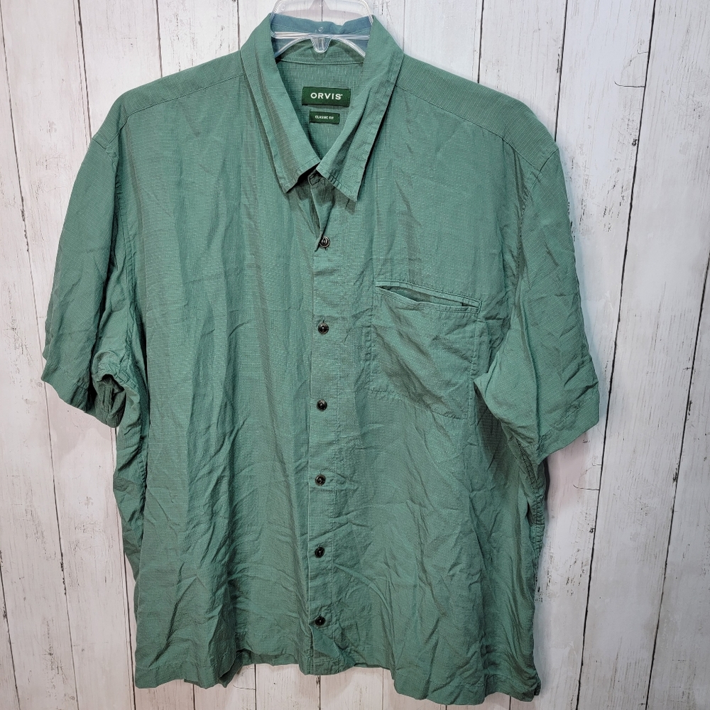 Orvis Classic Fit Men's Button Up SHORT SLEEVE Tencel Shirt Green Size XXL.